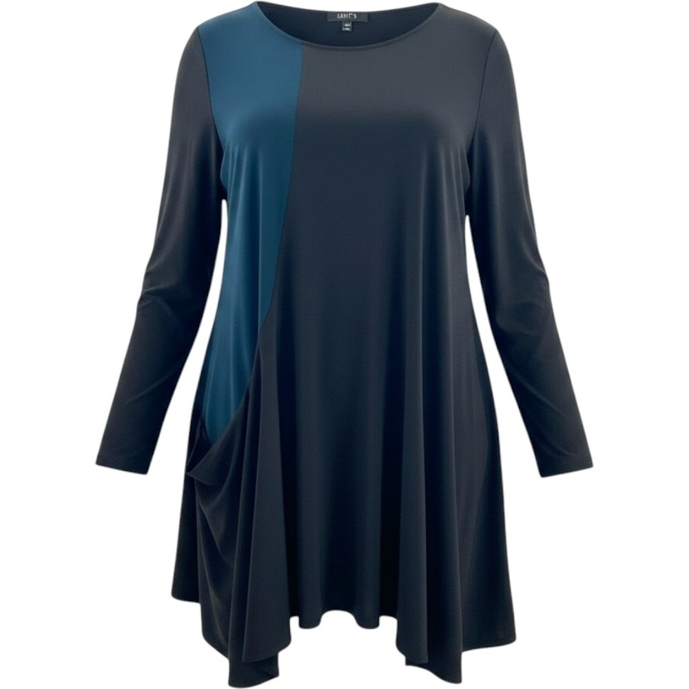 Comfy USA Tunic Women 3X Black Teal Colorblock Draped Pocket Lagenlook Mod USA